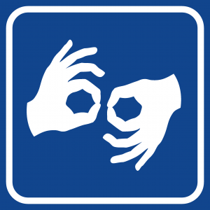 Logo symbolizujące język migowy - białe dłonie na niebieskim tle
