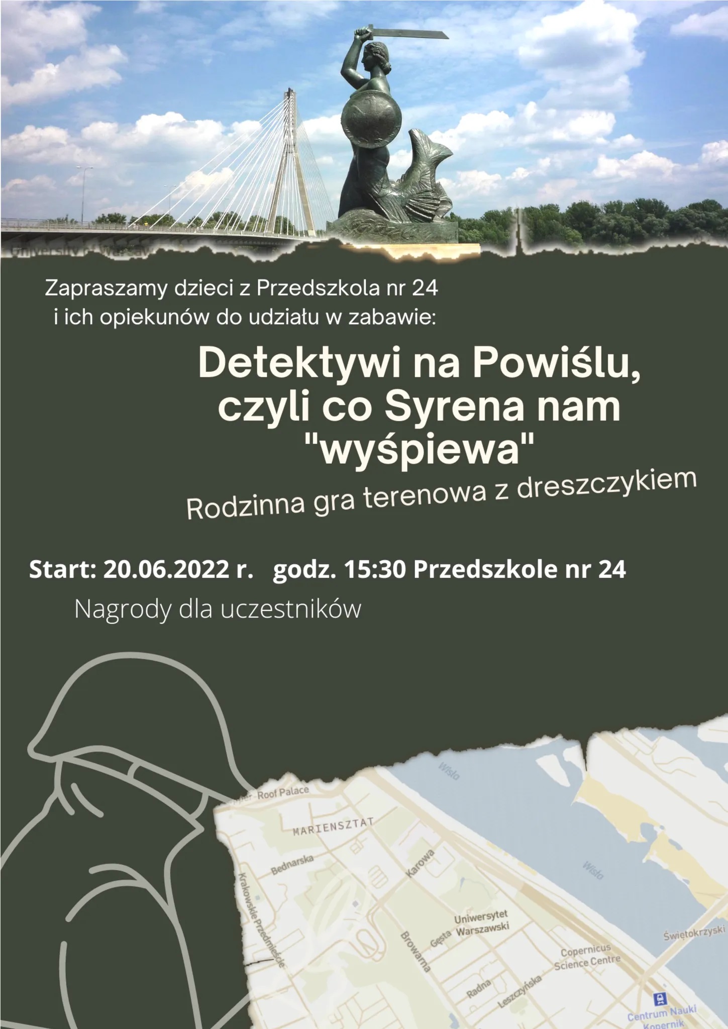 Ogłoszenie w formie plakatu, na którym widac pomnik Syrenki Warszawskiej. 