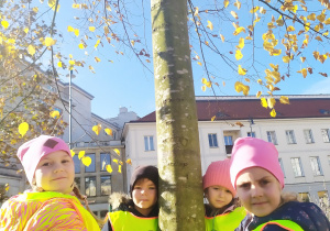 Na zdjęciu widać czwórkę dzieci ubranych w odblaskowe kamizelki. Dzieci obejmują drzewo. W tle widać białe budynki.