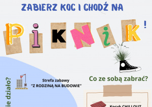 Na zdjęciu widać dwie wyspy z kocami. Napis Rodzino! zabierz koc i chodź na... Na środku kolorowy napis Piknik. Pod nim rysunek dźwigu i napis: Stefra zabawy: Z rodziną na budowie. Rysunek samochodu i napis: Strefa gastronomiczna Slow. Rysunek torby i napis: Strefa kreatywna Wyniosę stąd.